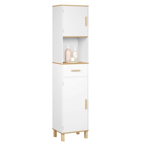 EUGAD Badezimmerschrank,Hochsch rank, Badschrank mit 5 Fächern 1 Schublade, weiße Kommode im Badezimmer, Schrank mit verstellbaren Trennwänden, weiß 40x180x30 cm
