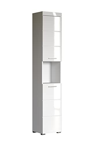 trendteam smart living Badezimmer Hochschrank Schrank Amanda, 37 x 190 x 31 cm in Weiß / Weiß Hochglanz mit offenem Fach
