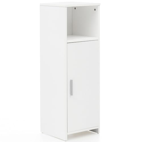 Wohnling Badschrank 30 x 95,5 x 30 cm weiß Holz mit Tür und Ablagefach, Kleiner Bad-Schrank Beistellschrank stehend, Badregal schmal freistehend Badezimmerkommode, Badmöbel Badezimmermöbel