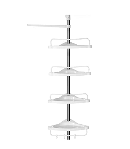 SONGMICS Duschregal höhenverstellbar, Eckregal fürs Badezimmer, Badregal, 95-300 cm, Boden bis Decke, Edelstahl, 4 Ablagen, 3 Haken, 1 Handtuchhalter, weiß-silbern BCB02SW