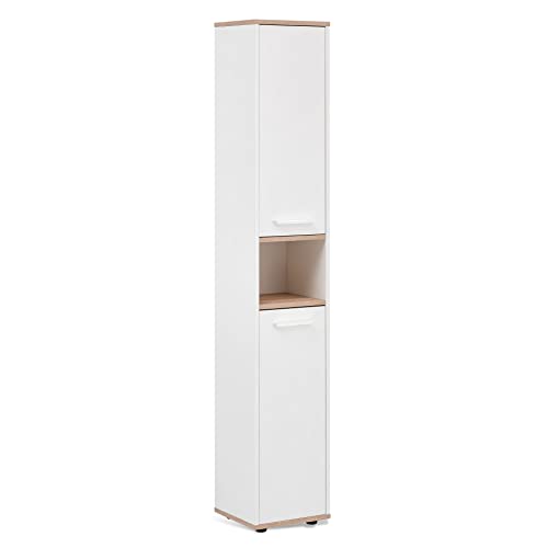 BadeDu ARC Hochschrank mit verchromten Griffen – Schrank für das Badezimmer (30 cm x 177 cm x 28 cm) – Badschrank schmal aus Holz in Weiß und Eiche