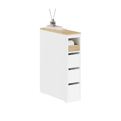 SoBuy Badezimmerschrank 20 cm, Schmaler Nischenschrank mit Rollen, Toilettenschrank mit 3 Schubladen, Kompakte Badregal aus Holz, Beweglicher Badmöbel für kleine WC en Küche, Weiß, 60x20x82,3cm