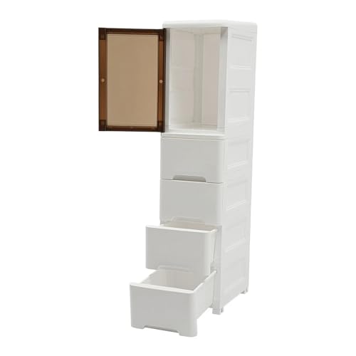 ROGONPDK 5-Stufiger Weißer Lagerschrank, Schmal Badezimmerschrank, Badschrank, PP-Warenkorb mit Rädern, Badregal Beistell mit Schublade, Kleiner Schmaler Toilettenregalschrank