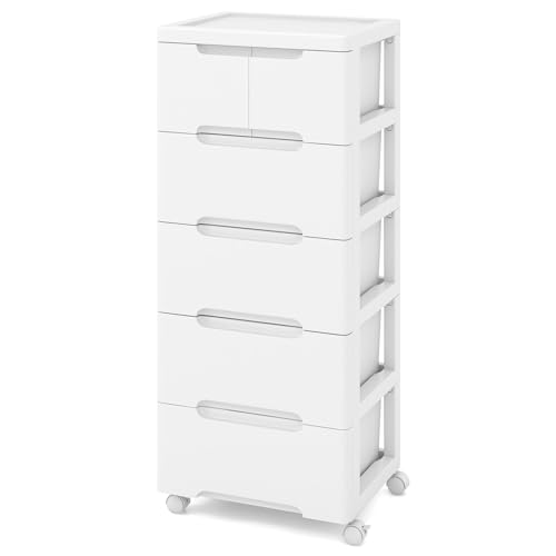 FANTASK Nischenschrank, vertikal Aufbewahrungsschrank, Badrollwagen mit universellen & arretierbaren Rollen, Kommode 6 Schubladen für Wohnzimmer, Büro, Salon (Weiß)