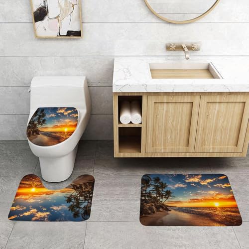 EMCLKS Badezimmermatten 3 Stück rutschfeste Badematte Teppiche, Badezimmer-Garnitur,U-fö rmiger Teppich,Sonnenaufgang über dem Strand. Punta Cana,Waschbar Matte