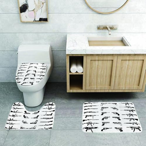 EMCLKS Badezimmermatten 3 Stück rutschfeste Badematte Teppiche, Badezimmer-Garnitur,U-fö rmiger Teppich,Krieg, Maschinengewehre, tärmachtfiguren,Waschbar Matte