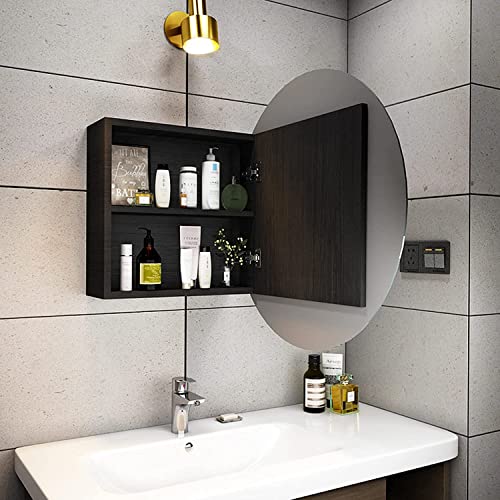 Runder Badezimmer-Spiegelschrank , Badezimmer-Wandschrank Medizinschrank mit Spiegel Holzregal Hochauflösender silberner Spiegel (Schwarz 55 cm)