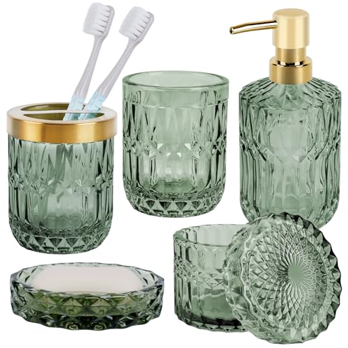 NZZVNZ 5 Stück Grünes Glas Badezimmer Zubehör Set, Moderne Seifenspender Set, Seifenschale, Zahnbürstenhalter, Wattestäbchen Kanister, Becher, Badezimmer Deko Set, Vintage Geschenk