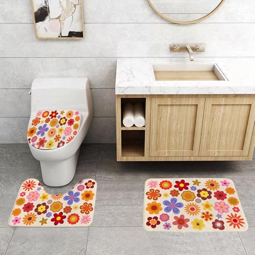 EMCLKS Badezimmermatten 3 Stück rutschfeste Badematte Teppiche, Badezimmer-Garnitur,U-fö rmiger Teppich,Vintage Blumen 60er 70er,Waschbar Matte