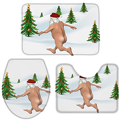 Badteppich Set 3-Teilig Lustiger Weihnachtsmann Badezimmer Vorleger 3-Teiliges Weiches Badezimmer-Garnitur Saugfähiges U-Förmiger Teppich Für Wc-Deckelbezug Dusche Badewanne