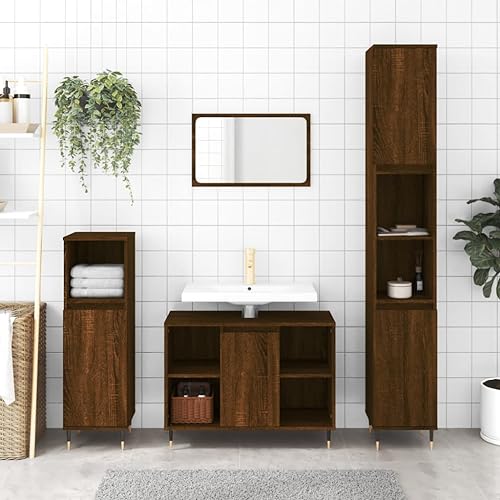 Homgoday Badschrank mit viel Stauraum Badezimmerschrank Aufbewahrungsschrank Badezimmer Badregal Badmöbel Schrank für Bad Flur Wohnzimmer 80x33x60 cm Braun Eichen-Optik Holzwerkstoff
