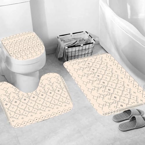 3-Teilige Badezimmer Garnitur Beige Geometrie rutschfeste Badematte Mit U-Ausschnitt Toilettenvorleger Waschbar Saugstark 50×80Cm
