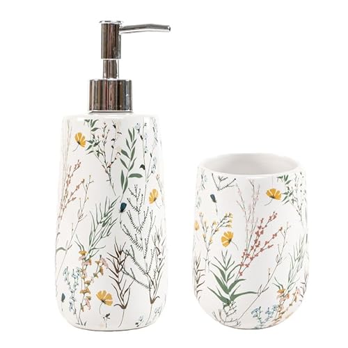 ROCKING GIFTS Blumendesign Badezimmer-Set | Seifenspender & Keramikbecher | Badaccessoires Set mit Zahnputzbecher & Spender für Flüssigseife | Geschenkset Bad Deko für Waschbecken | Landhaus Vintage