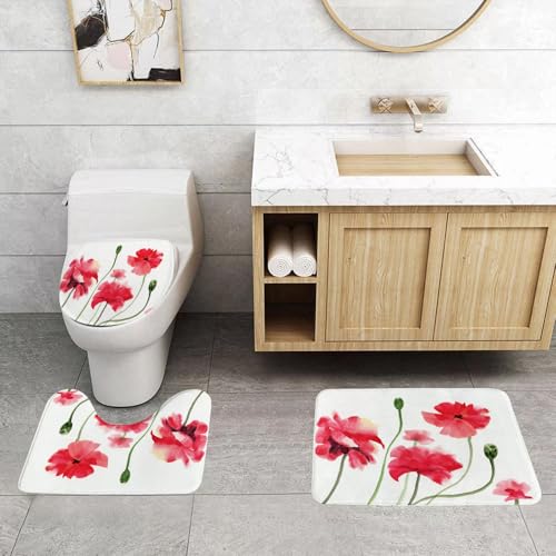 EMCLKS Badezimmermatten 3 Stück rutschfeste Badematte Teppiche, Badezimmer-Garnitur,U-fö rmiger Teppich,Die Blumen am sonnigen Tag, das Blätter- und Blumenkunstdesign,Waschba r Matte