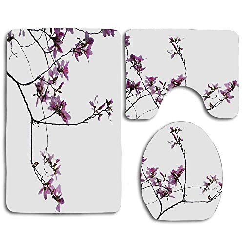 NA Blumenserie - Lila Kirschblüte Weißer Hintergrund Benutzerdefinierte 3-teilige Badezimmergarnitur Teppich Konturmatte + Toilettendeckelabdeckung + Badematten