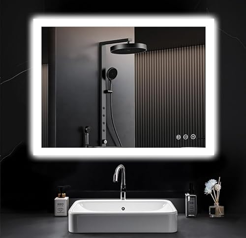 PESENXAN LED Badspiegel mit Beleuchtung, 3 Farbtemperaturen, Dimmbar, Anti-Beschlag-Funktion, Wandspiegel Badezimmerspiegel mit Memory-Funktion, Touch-Schalter, Explosionsgeschütztes Glas, 50x70cm