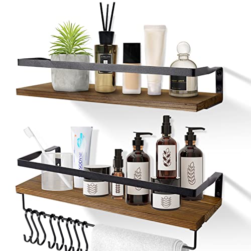 AGM Wandregal Holz 2er Set mit Handtuchhalter, schwimmende Regale Wand aufbewahrungs Regal Hängeregal Ideal für Badezimmer Küche Wohnzimmer Büro Schlafzimmer?mit Haken?
