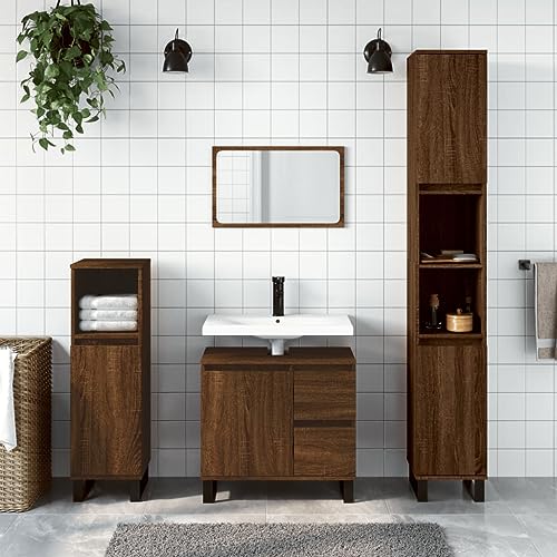 Homgoday Badschrank mit viel Stauraum Badezimmerschrank Aufbewahrungsschrank Badezimmer Badregal Badmöbel Schrank für Bad Flur Wohnzimmer Braun Eichen-Optik 65x33x60 cm Holzwerkstoff