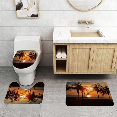 EMCLKS Badezimmermatten 3 Stück rutschfeste Badematte Teppiche, Badezimmer-Garnitur,U-fö rmiger Teppich,Wunderschönes Strandbild bei Sonnenuntergang,Waschbar Matte