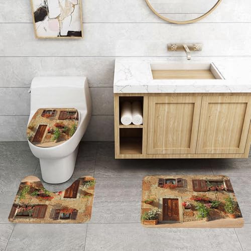 EMCLKS Badezimmermatten 3 Stück rutschfeste Badematte Teppiche, Badezimmer-Garnitur,U-fö rmiger Teppich,Toskanische, malerische Gasse mit mediterraner Architektur blüht Italienisch,Waschbar Matte