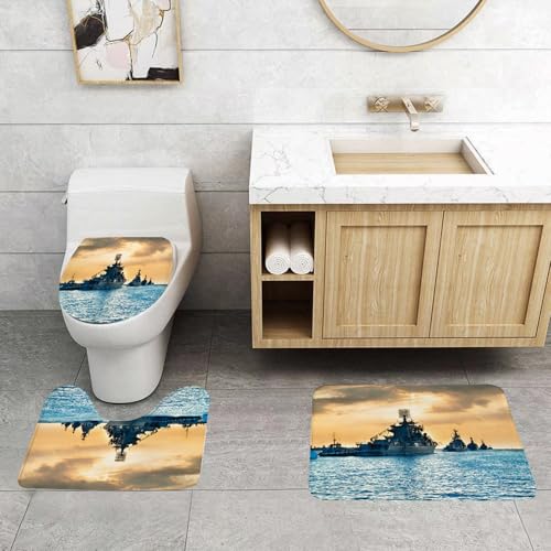EMCLKS Badezimmermatten 3 Stück rutschfeste Badematte Teppiche, Badezimmer-Garnitur,U-fö rmiger Teppich,Krieg, Konvoi-Schiff auf dem Meer transp,Waschbar Matte