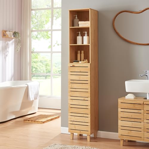 [en.casa] Badezimmer Hochschrank schmal Epind Badezimmerschrank mit Tür Badschrank mit 5 Fächern 180 x 33 x 30 cm Bambus