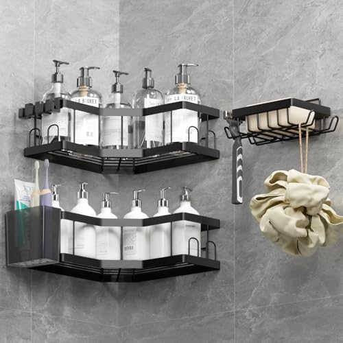 Duschablage Ohne Bohren, 4 Pcs Schwarz (SM+2) Duschregal, Kohlenstoffstahl Badregal mit Kleber, Shampoo Halterung Dusche, Rostbeständiger Duschkorb, Dusche Halterung Zubehör, Badezimmer