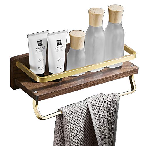 Kelelife Duschkorb Duschablage mit Handtuchhalter, Gold Gebürstet Badregal Wandmontage, Holz + Edelstahl