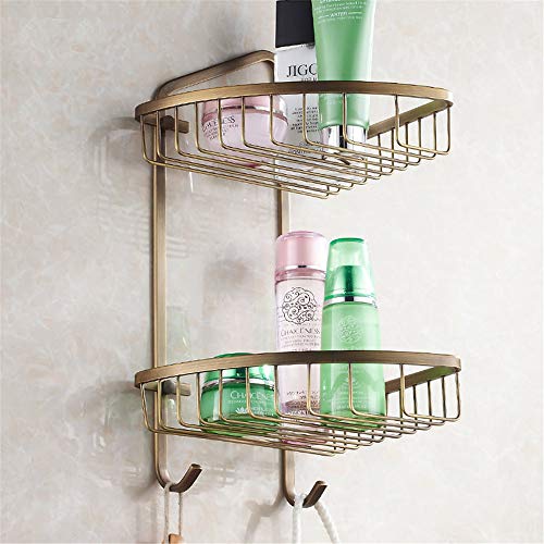 VHVCX Bad Regale 2 Tier Gold Messing Wand Dusche Ecke Regal Badezimmer Korb Halter Shampoo Lagerung Regal Rack Handtuch Haken,E
