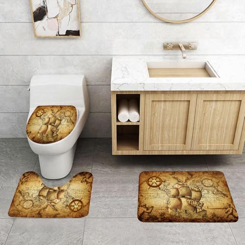 EMCLKS Badezimmermatten 3 Stück rutschfeste Badematte Teppiche, Badezimmer-Garnitur,U-fö rmiger Teppich,Vintage Karte Segeln,Waschbar Matte