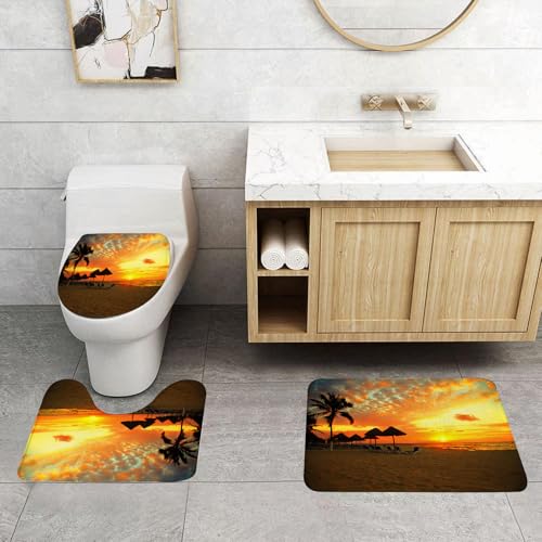 EMCLKS Badezimmermatten 3 Stück rutschfeste Badematte Teppiche, Badezimmer Garnitur,U fö rmiger Teppich,Am Meer gelegen, Sonnenuntergangsszene im Strandresort Silhouette romantische FLI,Waschbar Matte