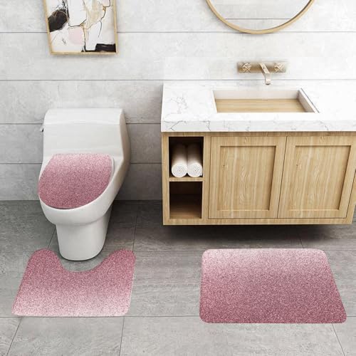 EMCLKS Badezimmermatten 3 Stück rutschfeste Badematte Teppiche, Badezimmer-Garnitur,U-fö rmiger Teppich,Roségold rosa Glitzer Textur Hintergrundpapier in lila Farbe mit reflektierender,Waschbar Matte