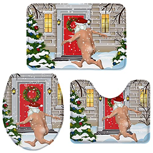 Badezimmer Vorleger 3-Teiliges Weihnachten Lustiger Weihnachtsmann Badteppich Set 3-Teilig Weiches Badematte rutschfeste Badezimmer-Garnitur Für Badewanne Schlafzimmer Dusche