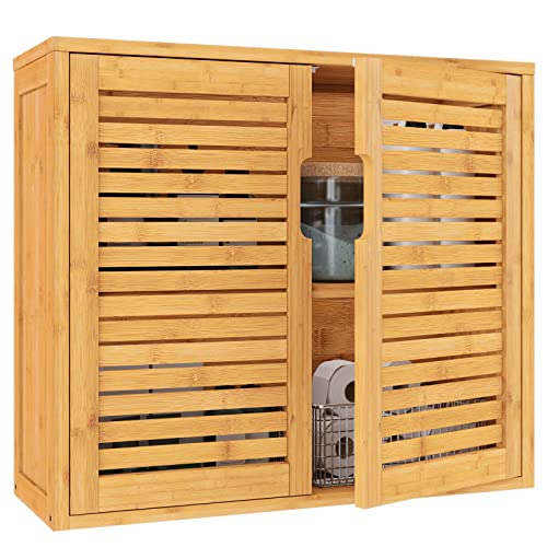 VIAGDO Badezimmerschrank Hängend Bambus Wandschrank, Küchenschrank Badezimmer Regal Medizinschrank höhenverstellbarer Regalebene, Badschrank Wandmontage, Wandregal, 20.7x59x51cm