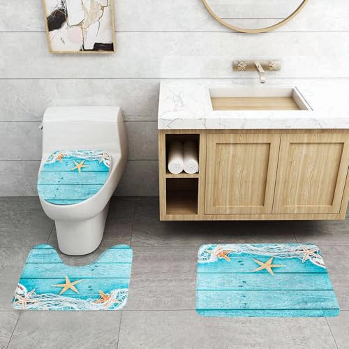 EMCLKS Badezimmermatten 3 Stück rutschfeste Badematte Teppiche, Badezimmer-Garnitur,U-fö rmiger Teppich,Seesterne, rustikale Holzbretter, Fischernetze und Meerestiere,Waschbar Matte