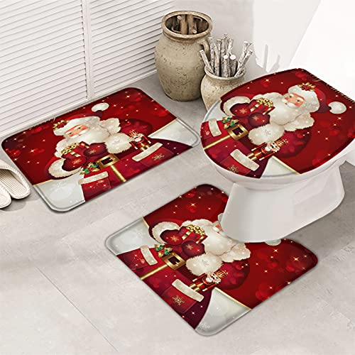 Badteppich Set 3-Teilig Frohe Weihnachten Traumhafter Weihnachtsmann Druck Badezimmer Vorleger 3-Teiliges Atmungsaktivem Badezimmer-Garnitur rutschfeste Badvorleger Für Badewanne Dusche