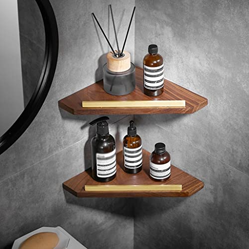 Walnuss Badezimmerregal, an der Wand befestigtes Massivholz Badezimmer Eck gestell, Duschraum Badezimmer Drei eckskorb (Size : Double Layer)