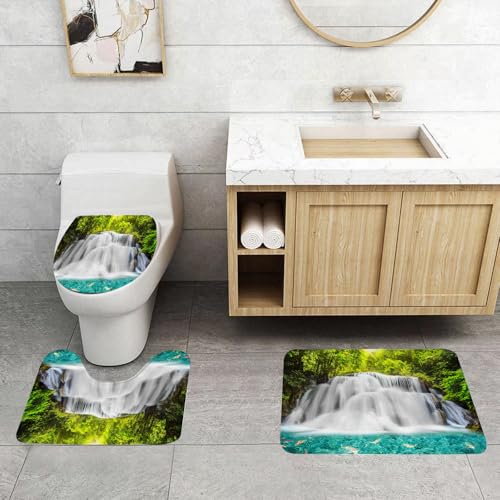 EMCLKS Badezimmermatten 3 Stück rutschfeste Badematte Teppiche, Badezimmer-Garnitur,U-fö rmiger Teppich,Wasserfall, Nebelschwaden über Wasserfall und Bäume Klarer Teich mit Fischen, Wei,Waschbar Matte