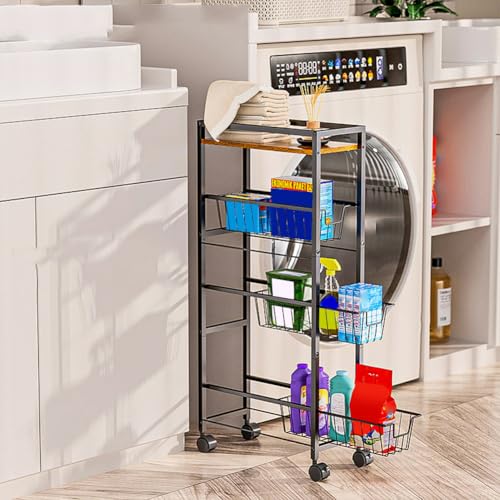 Hapihom Badrollwagen, 4 Ebenen Metall Küchenwagen Schmal, Rollcontainer mit 4 Ausziehbare Schubladen, Metall Nischenwagen Rollwagen mit Holz Regal, Badtrolley für Kleine Räume, Wohnzimmer 42x20x90cm