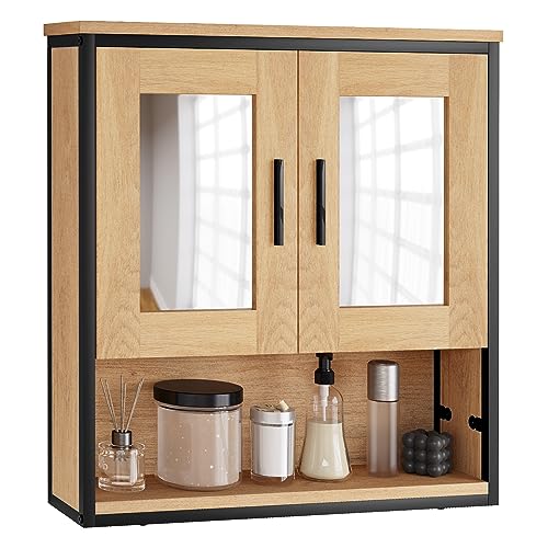 EUGAD Spiegelschrank, Badezimmerschrank hängend, Badschrank mit 2 Spiegeln, Badspiegelschrank mit 3 Ablagen 2 Türen, Hängeschrank für Badezimmer, aus Holzwerkstoff, helle Eiche schwarz