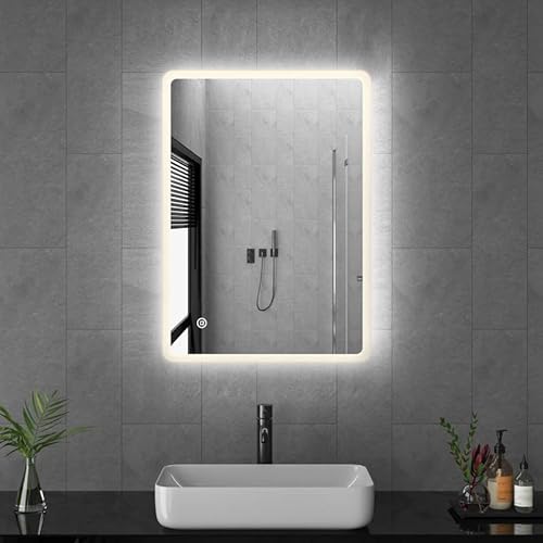 Goezes LED Badspiegel mit Beleuchtung 40x60cm Badezimmerspiegel, Badspiegel 3 Lichtfarbe Dimmbare 3000-6500K, Badezimmer 60x40cm Rechteckig Spiegel mit licht, Schminkspiegel mit Touchschalter