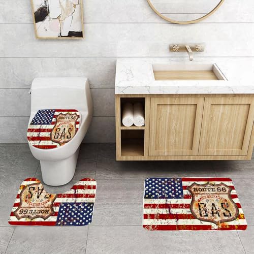 EMCLKS Badezimmermatten 3 Stück rutschfeste Badematte Teppiche, Badezimmer-Garnitur,U-fö rmiger Teppich,Vintage Route Sixty Six Tankstellenschild,Waschba r Matte