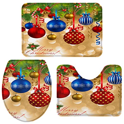 Badteppich Set 3-Teilig Weihnachtskugel Anhänger Druck Badezimmer Vorleger 3-Teiliges Weiches Badezimmer-Garnitur Saugfähiges U-Förmiger Teppich Für Wc-Deckelbezug Dusche Schlafzimmer