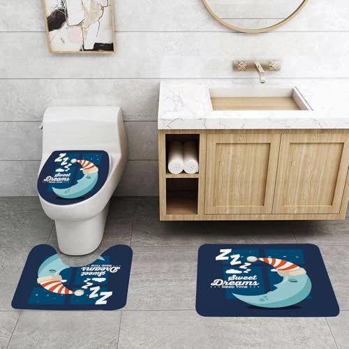 EMCLKS Badezimmermatten 3 Stück rutschfeste Badematte Teppiche, Badezimmer-Garnitur,U-fö rmiger Teppich,Süße Träume, Hintergrund mit dem Mond in einem Hut in den Sternenhimmel,Waschbar Matte