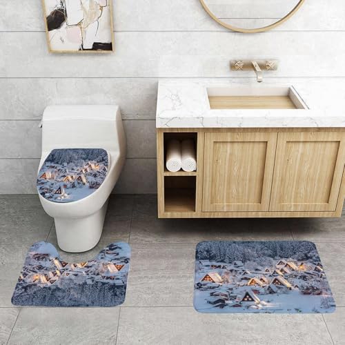 EMCLKS Badezimmermatten 3 Stück rutschfeste Badematte Teppiche, Badezimmer-Garnitur,U-fö rmiger Teppich,Winter, asiatisches historisches Dorf Shirakawago unter dem Schnee Gifu Chubu Reg,Waschbar Matte