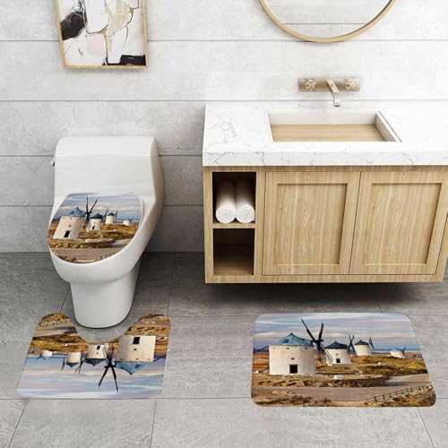 EMCLKS Badezimmermatten 3 Stück rutschfeste Badematte Teppiche, Badezimmer-Garnitur,U-fö rmiger Teppich,Windmühlendekora tion, mittelalterliche spanische Windmühlen in Consuegra, altes W,Waschbar Matte