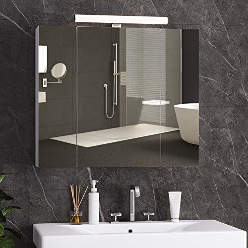 DICTAC spiegelschrank Bad mit LED Beleuchtung,Steckdose und lichtschalter 70x15x60cm(BxTxH) Badezimmer spiegelschrank mit 3 Türen,badschrank mit Spiegel,Hängeschrank,bad spiegel,Weiß