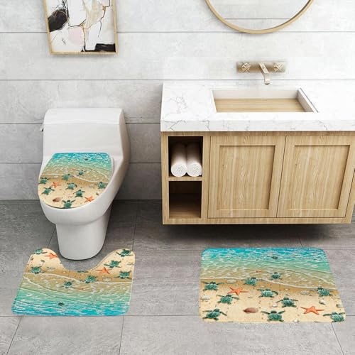 EMCLKS Badezimmermatten 3 Stück rutschfeste Badematte Teppiche, Badezimmer-Garnitur,U-fö rmiger Teppich,Schildkröten am Strand,Waschbar Matte