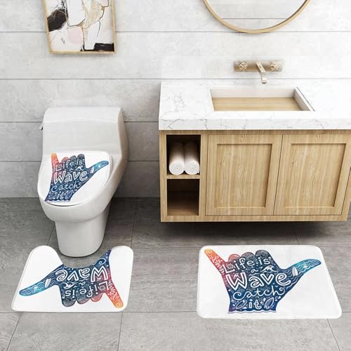 EMCLKS Badezimmermatten 3 Stück rutschfeste Badematte Teppiche, Badezimmer-Garnitur,U-fö rmiger Teppich,Welle Das Leben ist eine Welle Fang es inspirierende Zitat Shaka Zeichen süße Blu,Waschbar Matte