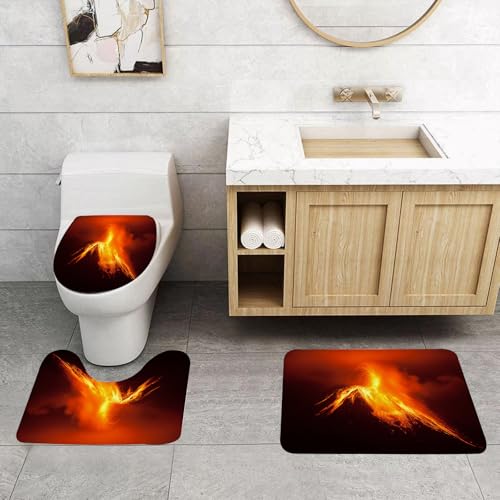EMCLKS Badezimmermatten 3 Stück rutschfeste Badematte Teppiche, Badezimmer-Garnitur,U-fö rmiger Teppich,Vulkan Tungurahua in Ecuador bei Nacht, Natur und Geologie, orange, gelb, schwarz,Waschbar Matte